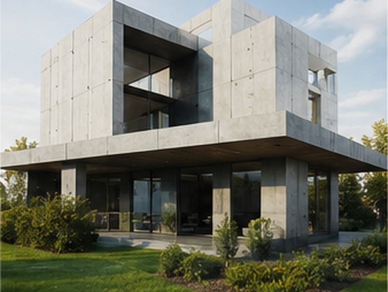 Moderner Baukörper aus Sichtbeton mit großen Fensterflächen und Grünanlage
