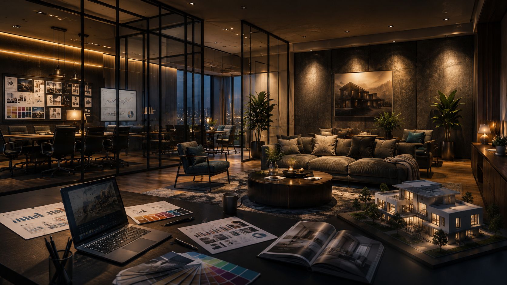 Besprechungsraum, Lounge und Architekturmodell in einem Büro – die vier Arbeitsbereiche der dill.group