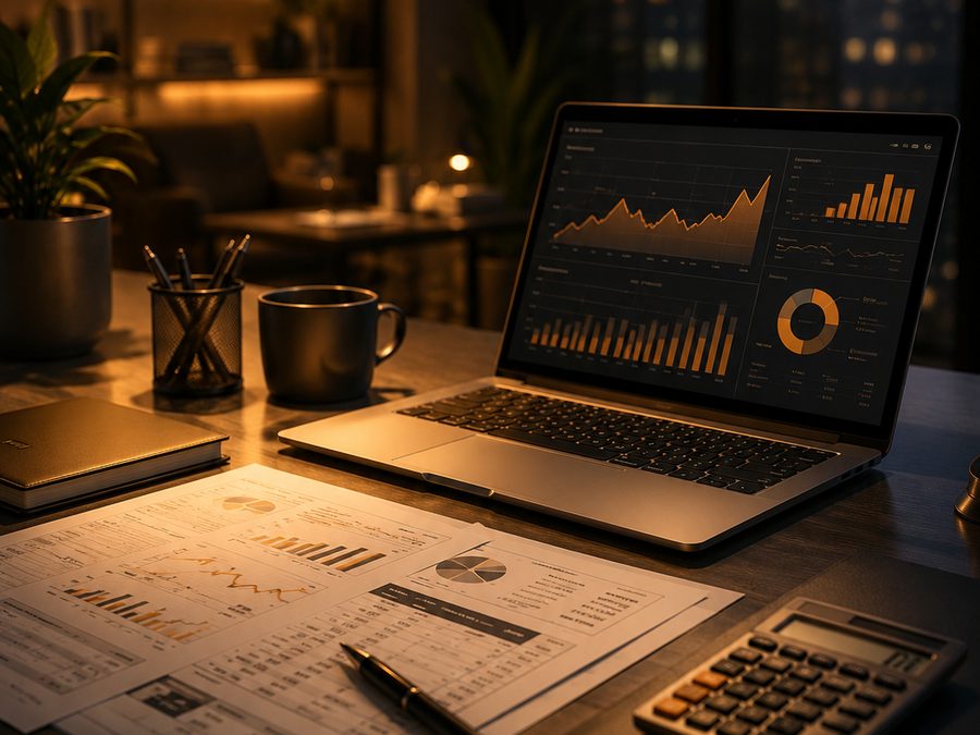Schreibtisch mit Laptop, Auswertungen und Taschenrechner am Abend – Finanzkonzepte von dill.group