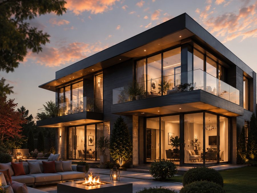 Modernes Wohnhaus mit beleuchteter Terrasse in der Abenddämmerung – Immobilienkonzepte von dill.group