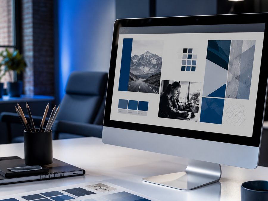 Gestaltungsarbeitsplatz mit Layout-Entwurf am Bildschirm und Farbmustern – Marketingkonzepte von dill.group