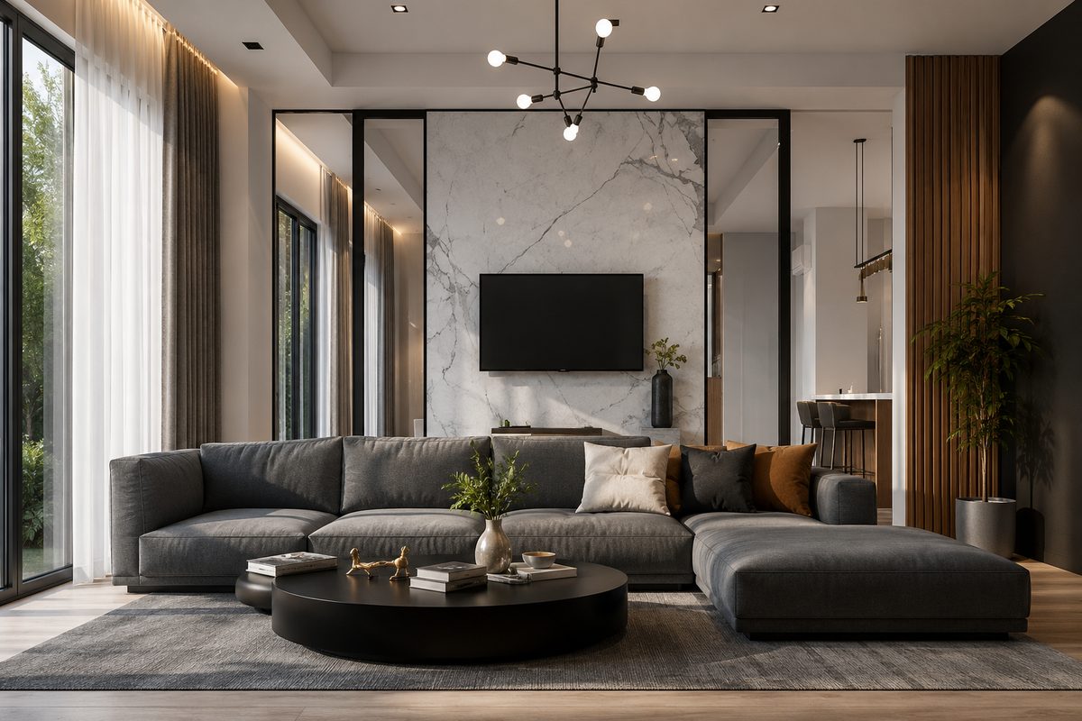 Heller Wohnbereich mit Sofa, Marmorwand und Holzlamellen – ein abgestimmtes Raumkonzept der dill.group